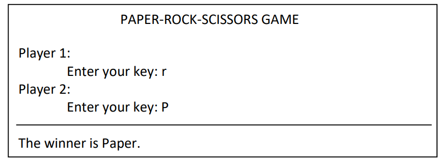 PAPER-ROCK-SCISSORS GAME
Player 1:
Enter your key: r
Player 2:
Enter your key: P
The winner is Paper.
