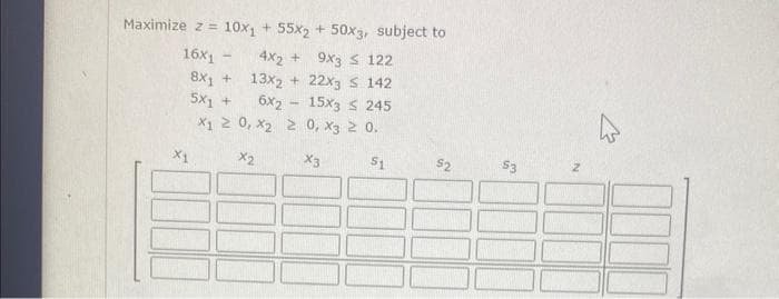 Maximize z = 10x₁ + 55x2 + 50x3, subject to
4x₂ +
9x3 ≤ 122
13x2 + 22x3 S 142
6x215x3 S 245
≥ 0, X3 2 0.
X3
$1
16x1
X1
-
8X₁ +
5X1+
x1 ≥ 0, X₂
X2
$2
$3
N