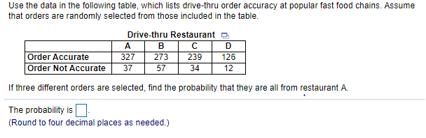 Use the data in the following table, which lists drive-thru order accuracy at popular fast food chains. Assume
that orders are randomly selected from those included in the table.
Drive-thru Restaurant O
A
B
D
Order Accurate
Order Not Accurate
327
273
239
126
37
57
34
12
If three different orders are selected, find the probability that they are all from restaurant A.
The probability is
(Round to four decimal places as needed.)
