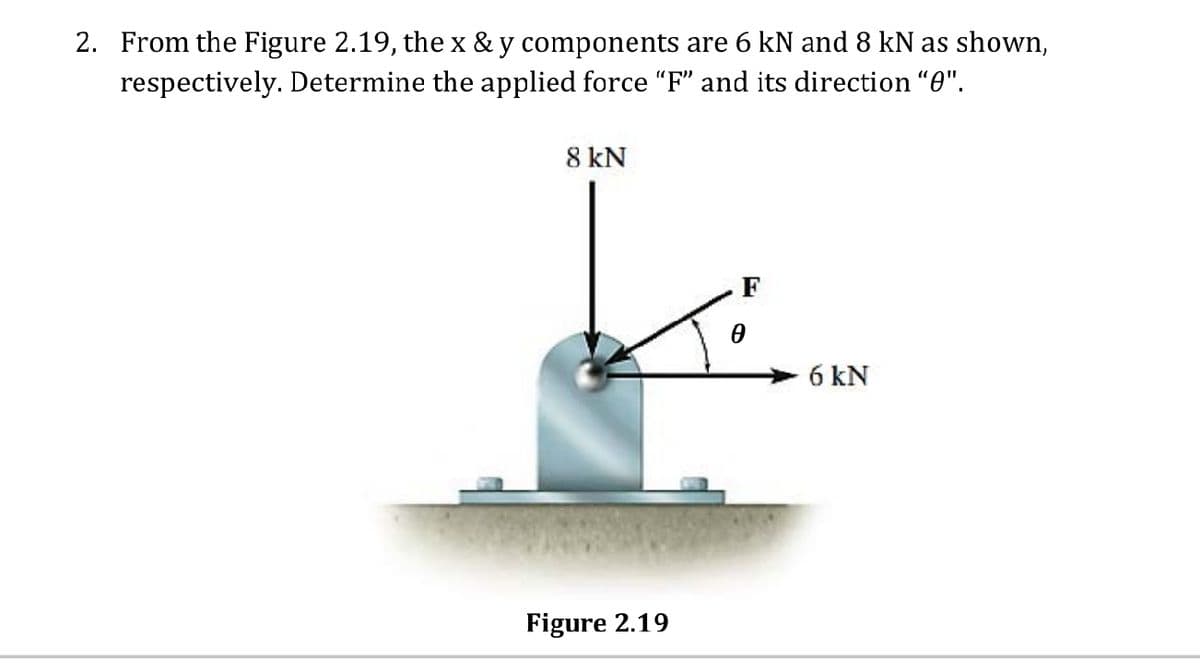 2. From the Figure 2.19, thex & y components are 6 kN and 8 kN as shown,
respectively. Determine the applied force "F" and its direction “0".
8 kN
F
6 kN
Figure 2.19

