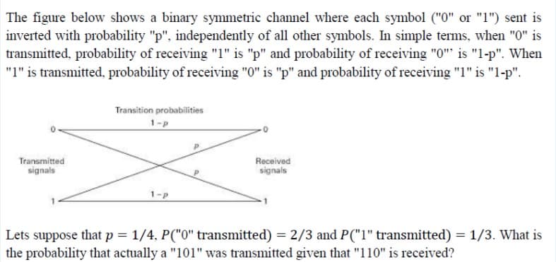 The figure below shows a binary symmetric channel where each symbol ("0" or "1") sent is
inverted with probability "p", independently of all other symbols. In simple terms, when "0" is
transmitted, probability of receiving "1" is "p" and probability of receiving "0"" is "1-p". When
"1" is transmitted, probability of receiving "0" is "p" and probability of receiving "1" is "1-p".
Transition probabilities
1-p
Transmitted
signals
Received
signals
1-p
Lets suppose that p = 1/4, P("0" transmitted) = 2/3 and P("1" transmitted) = 1/3. What is
the probability that actually a "101" was transmitted given that "110" is received?
