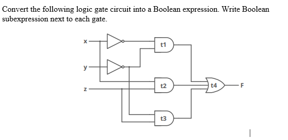 Convert the following logic gate circuit into a Boolean expression. Write Boolean
subexpression next to each gate.
t1
t2
t4
t3
|
