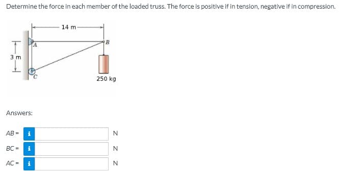 Determine the force in each member of the loaded truss. The force is positive if in tension, negative if in compression.
14 m
3 m
250 kg
Answers:
AB =
i
BC =
i
AC =
i

