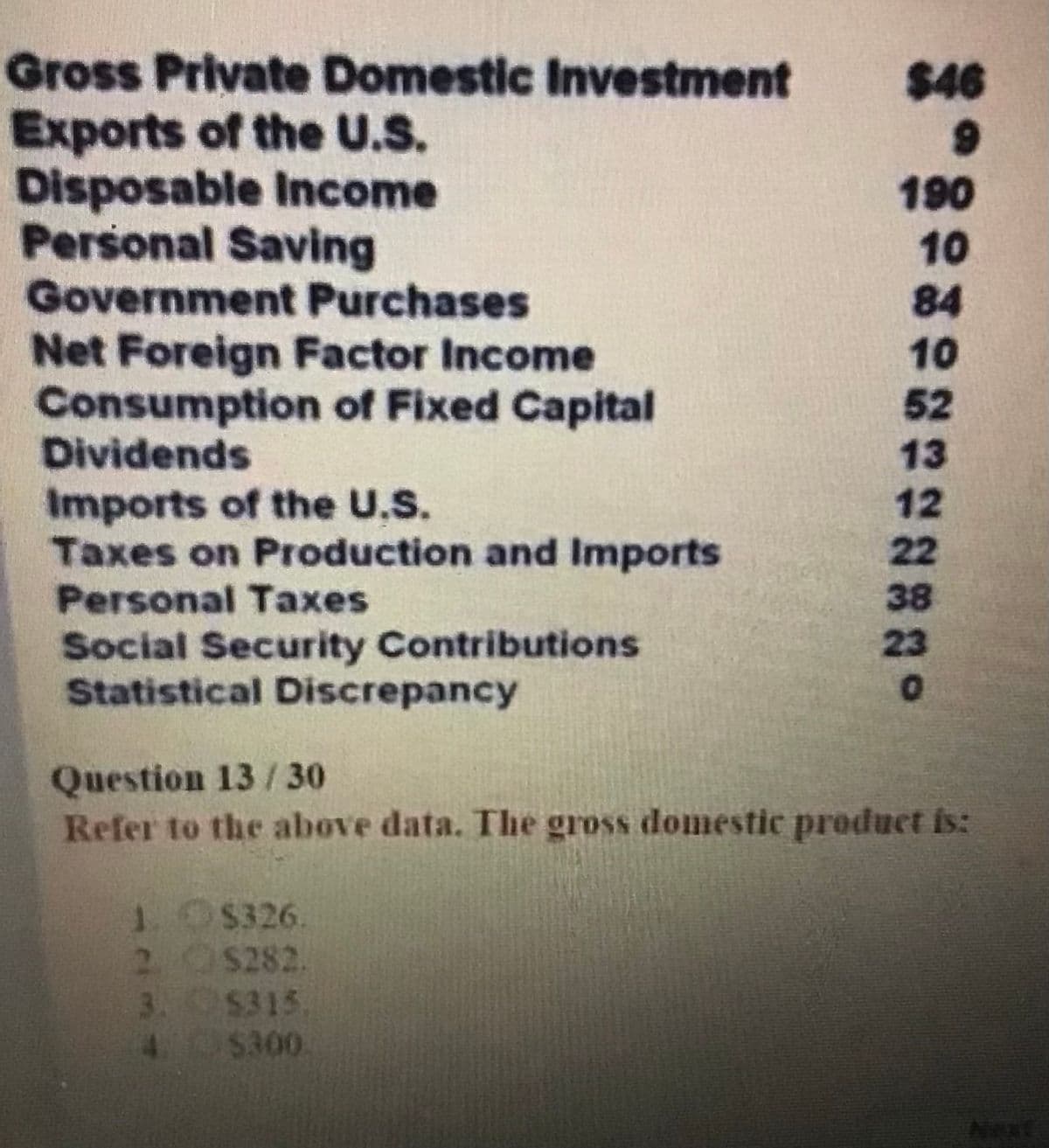 Gross Private Domestic Investment
$46
Exports of the U.S.
Disposable Income
Personal Saving
190
10
Government Purchases
84
Net Foreign Factor Income
Consumption of Fixed Capital
Dividends
10
52
13
Imports of the U.S.
Taxes on Production and Imports
Personal Taxes
12
22
38
23
Social Security Contributions
Statistical Discrepancy
Question 13/ 30
Refer to the above data. The gross domestic product fs:
1.
2 OS282.
3. $315
4.
1O$326.
$300
Next
