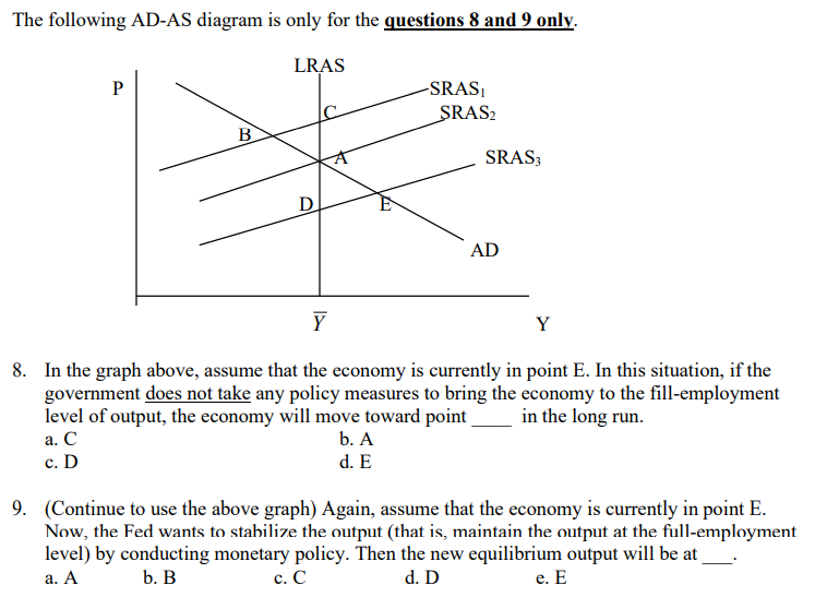 The following AD-AS diagram is only for the questions 8 and 9 only.
LRAS
P
-SRAS,
SRAS2
B
SRAS;
D
AD
Y
Y
8. In the graph above, assume that the economy is currently in point E. In this situation, if the
government does not take any policy measures to bring the economy to the fill-employment
level of output, the economy will move toward point
in the long run.
b. A
d. E
a. C
с. D
9. (Continue to use the above graph) Again, assume that the economy is currently in point E.
Now, the Fed wants to stabilize the output (that is, maintain the output at the full-employment
level) by conducting monetary policy. Then the new equilibrium output will be at
d. D
а. А
b. В
с. С
е. Е
