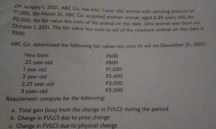 On January 1.2021. ABC Co. has one, 1-year old, animal with carrying amount of
P1.000. On March 31, ABC Co. acquired another animal, aged 2.25 years old. for
P2,000, the fair value less costs of the animal on this date. One animal was born on
October 1, 2021. The fair value less costs to sell of the newborn animal on this date is
P500.
ABC Co. determined the following fair values less costs to sell on December 31, 2021:
New born
P600
.25 year old
P800
1 year old
2 year old
2.25 year old
P1,200
P2,400
P3,000
P3,500
3 years old
Requirement: compute for the following:
a. Total gain (loss) from the change in FVLCS during the period
b. Change in FVLCS due to price change
c. Change in FVLCS due to physical change
