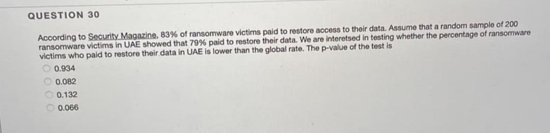 QUESTION 30
According to Security Magazine, 83% of ransomware victims paid to restore access to their data. Assume that a random sample of 20O
ransomware victims in UAE showed that 79% paid to restore their data. We are interetsed in testing whether the percentage of ransomware
victims who paid to restore their data in UAE is lower than the global rate. The p-value of the test is
O 0.934
O 0.082
O 0.132
O 0.066
