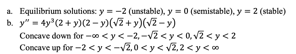 a. Equilibrium solutions: y = −2 (unstable), y = 0 (semistable), y = 2 (stable)
b. y' = 4y³ (2+y)(2 −y)(√2+y)(√2-y)
-
Concave down for −∞ < y < −2, -√√2 < y < 0,√2 < y < 2
Concave up for -2 < y < -√2,0 < y < √2,2 < y < ∞