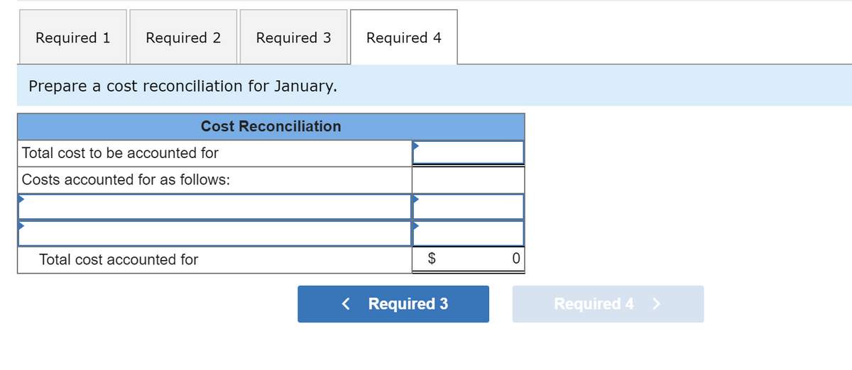 Required 1
Required 2
Required 3
Required 4
Prepare a cost reconciliation for January.
Cost Reconciliation
Total cost to be accounted for
Costs accounted for as follows:
Total cost accounted for
$
< Required 3
Required 4
