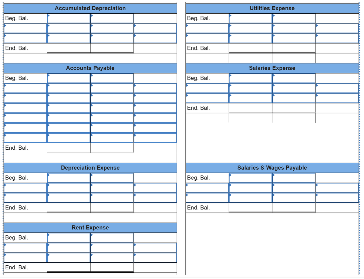 Accumulated Depreciation
Utilities Expense
Beg. Bal.
Beg. Bal.
End. Bal.
End. Bal.
Accounts Payable
Salaries Expense
Вeg. Bal.
Вeg. Bal.
End. Bal.
End. Bal.
Depreciation Expense
Salaries & Wages Payable
Beg. Bal.
Beg. Bal.
End. Bal.
End. Bal.
Rent Expense
Вeg. Bal.
End. Bal.
