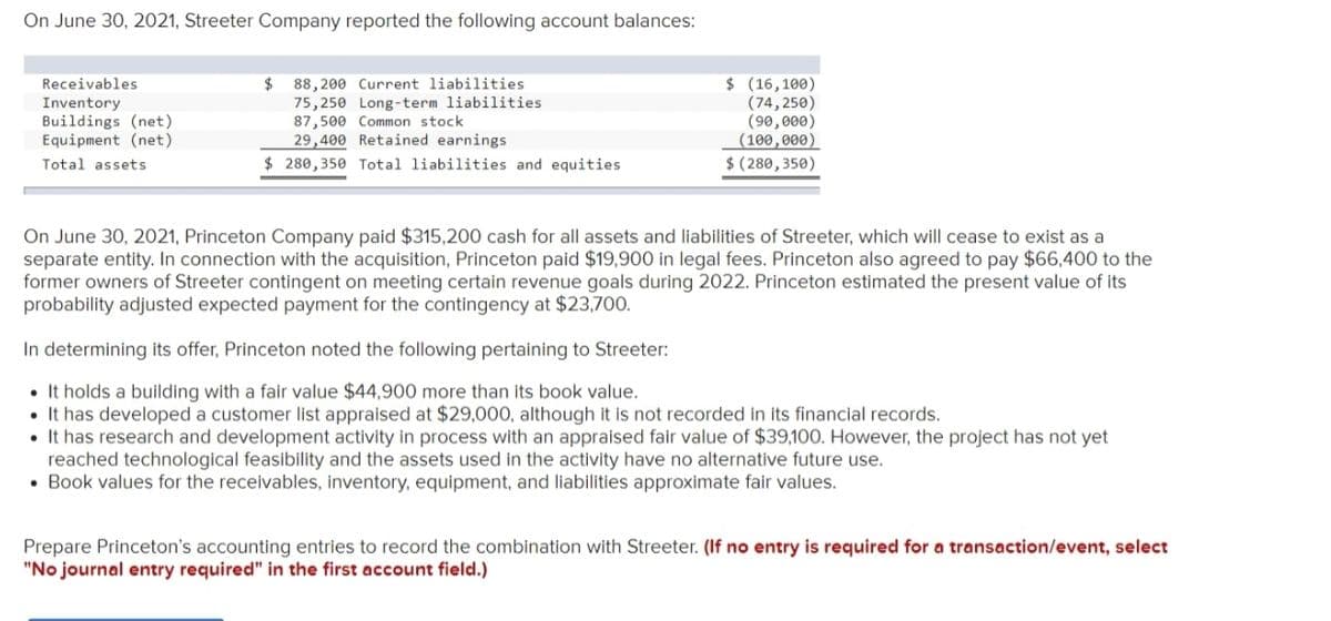 On June 30, 2021, Streeter Company reported the following account balances:
$ (16,100)
(74, 250)
(90,000)
(100,000)
$ (280,350)
Receivables
2$
Inventory
Buildings (net)
Equipment (net)
88,200 Current liabilities
75,250 Long-term liabilities
87,500 Common stock
29,400 Retained earnings
$ 280,350 Total liabilities and equities
Total assets
On June 30, 2021, Princeton Company paid $315,200 cash for all assets and liabilities of Streeter, which will cease to exist as a
separate entity. In connection with the acquisition, Princeton paid $19,900 in legal fees. Princeton also agreed to pay $66,400 to the
former owners of Streeter contingent on meeting certain revenue goals during 2022. Princeton estimated the present value of its
probability adjusted expected payment for the contingency at $23,700.
In determining its offer, Princeton noted the following pertaining to Streeter:
• It holds a building with a fair value $44,900 more than its book value.
• It has developed a customer list appraised at $29,000, although it is not recorded in its financial records.
• It has research and development activity in process with an appraised fair value of $39,100O. However, the project has not yet
reached technological feasibility and the assets used in the activity have no alternative future use.
• Book values for the receivables, inventory, equipment, and liabilities approximate fair values.
Prepare Princeton's accounting entries to record the combination with Streeter. (If no entry is required for a transaction/event, select
"No journal entry required" in the first account field.)
