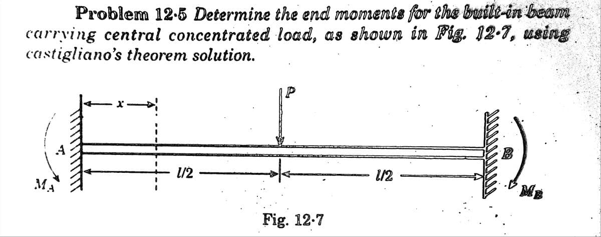 Problem 12-5 Determine the end moments for the built-in beam
carrying central concentrated load, as shown in Fig. 12.7, using
castigliano's theorem solution.
X
B
1/1/2
1/2
doprint.co
هلی
MA
Fig. 12.7
MB