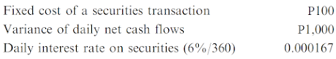 Fixed cost of a securities transaction
P100
Variance of daily net cash flows
P1,000
Daily interest rate on securities (6%/360)
0.000167
