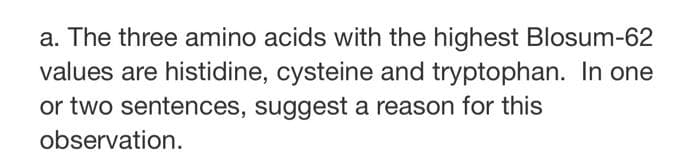 a. The three amino acids with the highest Blosum-62
values are histidine, cysteine and tryptophan. In one
or two sentences, suggest a reason for this
observation.
