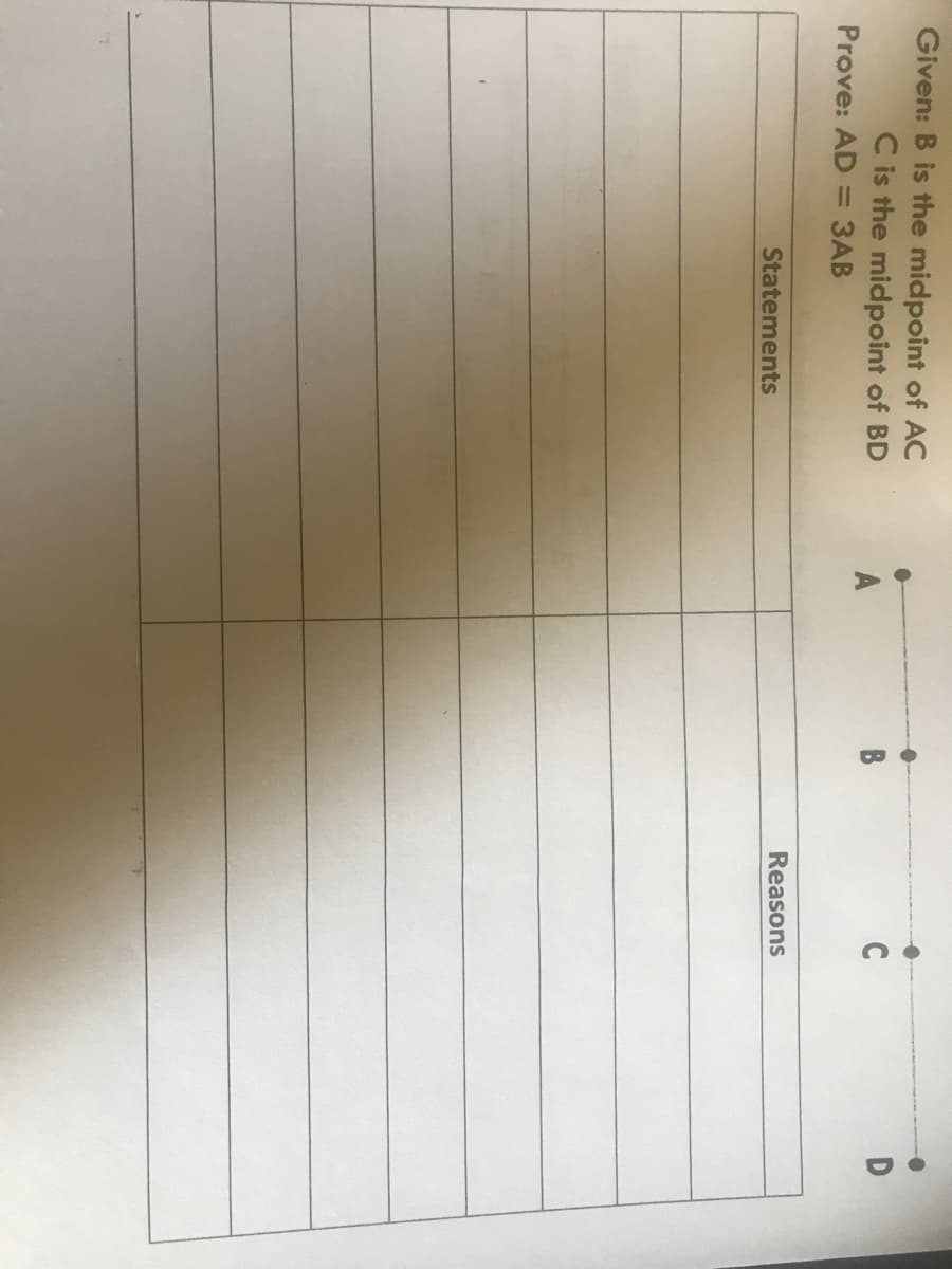Given: B is the midpoint of AC
C is the midpoint of BD
B
C
Prove: AD = 3AB
Reasons
Statements
