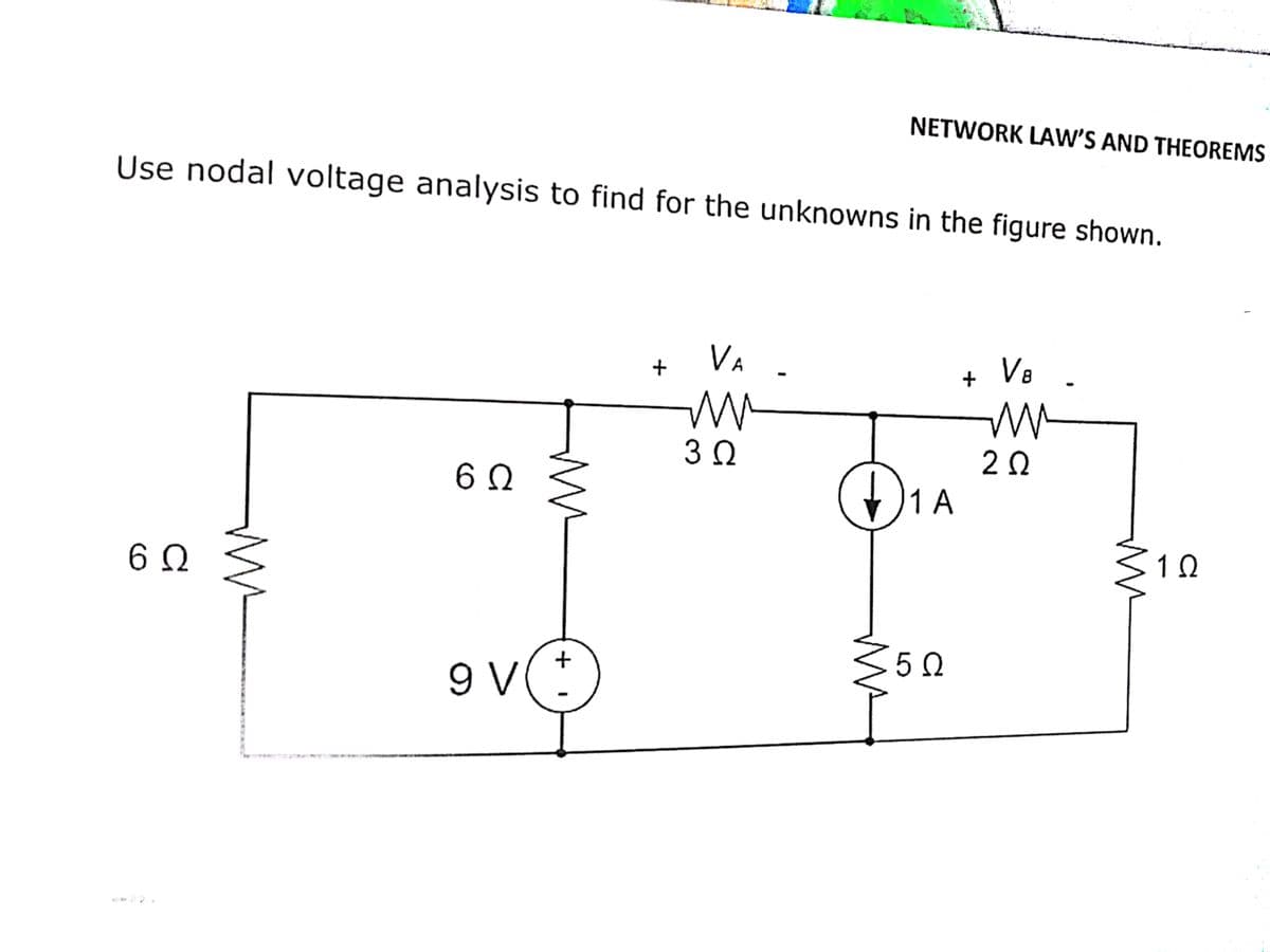 NETWORK LAW'S AND THEOREMS
Use nodal voltage analysis to find for the unknowns in the figure shown.
VA
V8
30
20
1 A
5
5 0
9 V(*
ww
