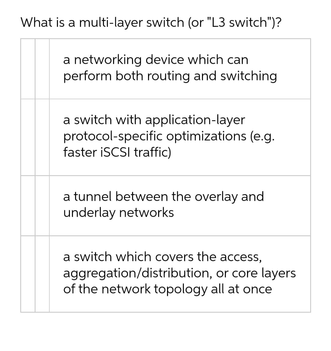 What is a multi-layer switch (or "L3 switch")?
a networking device which can
perform both routing and switching
a switch with application-layer
protocol-specific optimizations (e.g.
faster İSCSI traffic)
a tunnel between the overlay and
underlay networks
a switch which covers the access,
aggregation/distribution, or core layers
of the network topology all at once
