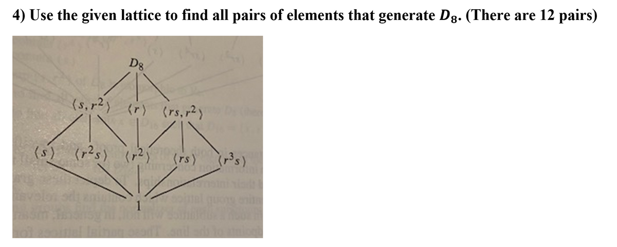 4) Use the given lattice to find all pairs of elements that generate Dg. (There are 12 pairs)
D8
(s,r?)
(r) (rs,r2)
(s) (r?s) ip2j
(rs)
mel lainono
onil sd to
