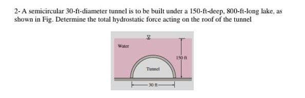2-A semicircular 30-ft-diameter tunnel is to be built under a 150-ft-deep, 800-ft-long lake, as
shown in Fig. Determine the total hydrostatic force acting on the roof of the tunnel
Water
Tunnel
30 n

