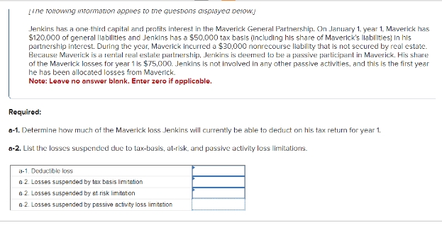 [Ine following information applies to the questions displayed below.j
Jenkins has a one-third capital and profits interest in the Maverick General Partnership. On January 1, year 1, Maverick has
$120,000 of general liabilities and Jenkins has a $50,000 tax basis (Including his share of Maverick's liabilities) in his
partnership interest. During the year, Maverick incurred a $30,000 nonrecourse liability that is not secured by real estate.
Because Maverick is a rental real estate partnership, Jenkins is deemed to be a passive participant in Maverick. His share
of the Maverick losses for year 1 is $75,000. Jenkins is not involved in any other passive activities, and this is the first year
he has been allocated losses from Maverick.
Note: Leave no answer blank. Enter zero if applicable.
Required:
a-1. Determine how much of the Maverick loss Jenkins will currently be able to deduct on his tax return for year 1.
a-2. List the losses suspended due to tax-basis, at-risk, and passive activity loss limitations.
a-1. Deductible loss
a-2. Losses suspended by tax basis limitation
a-2. Losses suspended by at-risk limitation
a-2. Losses suspended by passive activity loss limitation