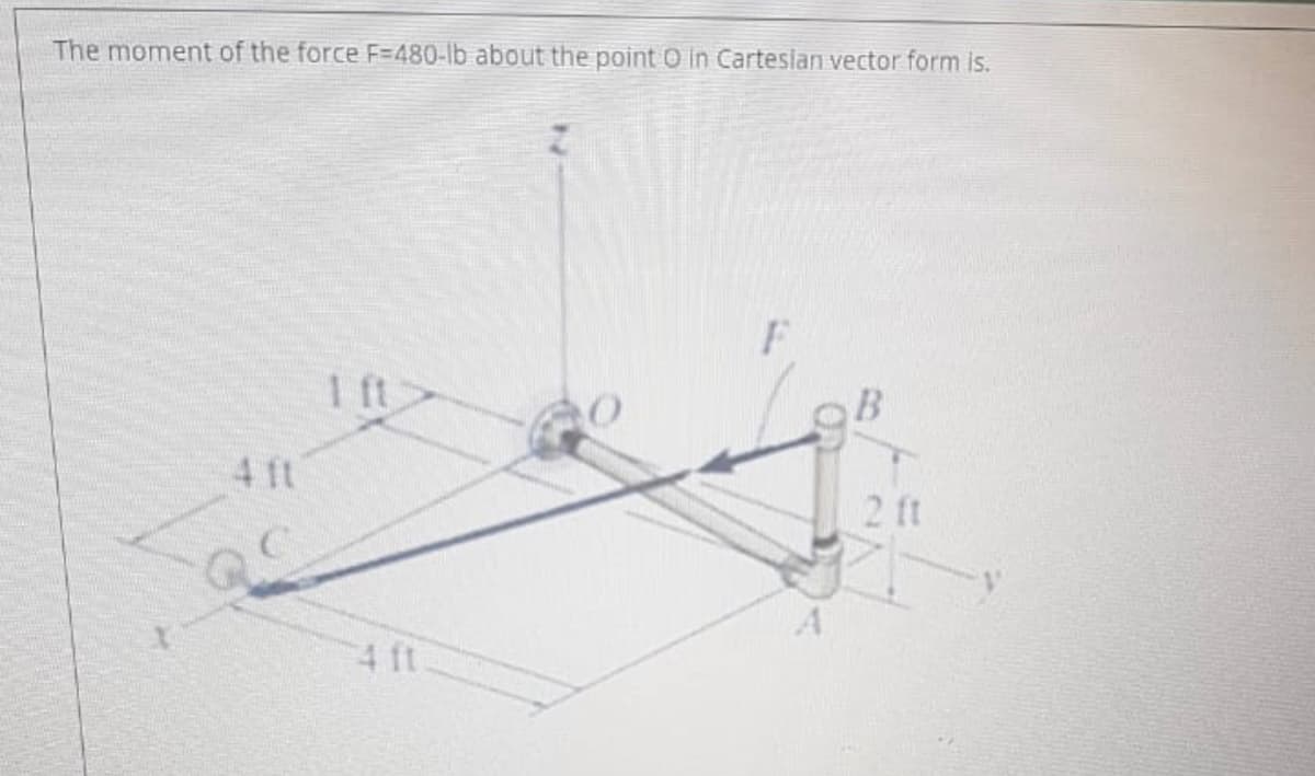 The moment of the force F=480-lb about the point O in Cartesian vector form is.
1 ft
4 ft
2ft
4 ft
