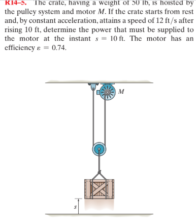 R14-5. The crate, having a weight of 50 lb, is hoisted by
the pulley system and motor M. If the crate starts from rest
and, by constant acceleration, attains a speed of 12 ft/s after
rising 10 ft, determine the power that must be supplied to
the motor at the instant s = 10 ft. The motor has an
efficiency e = 0.74.
