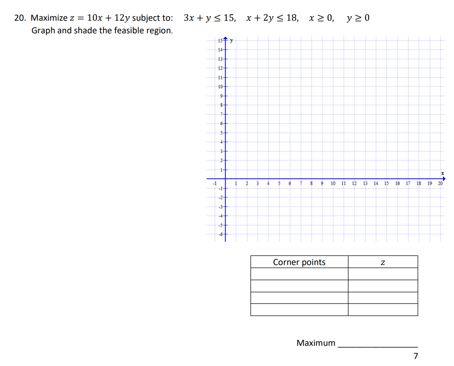 20. Maximize z = 10x + 12y subject to: 3x + y< 15, x+ 2y < 18,
x > 0, y > 0
Graph and shade the feasible region.
15F y
14+
13+
12+
11+
10+
4+
3+
10 11 12
13 14 15
16 17 18
19 20
-1-
-2+
4+
-5+
Corner points
Maximum
7
