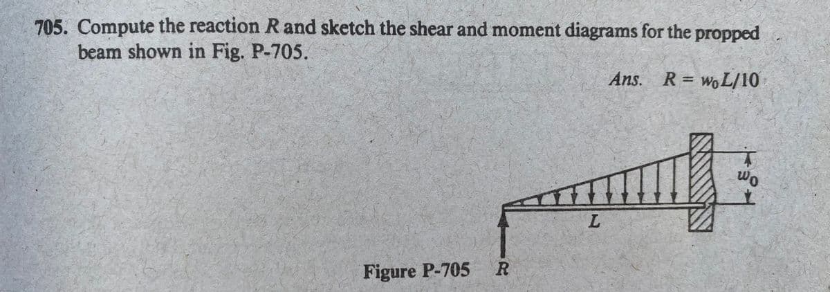 705. Compute the reaction R and sketch the shear and moment diagrams for the propped
beam shown in Fig. P-705.
Ans. R= woL/10
%3D
L.
Figure P-705
