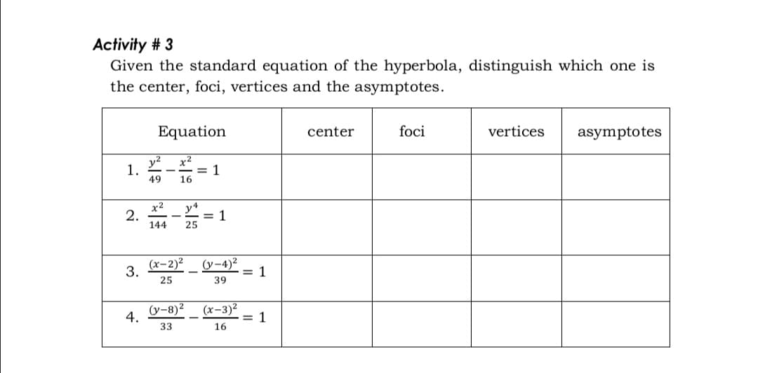 Activity # 3
Given the standard equation of the hyperbola, distinguish which one is
the center, foci, vertices and the asymptotes.
Equation
center
foci
vertices
asymptotes
y2
1.
49
x2
= 1
16
x2
2.
144
= 1
25
(x-2)2
3.
(y-4)²
= 1
39
25
(y-8)2
4.
(x-3)²
= 1
16
33
