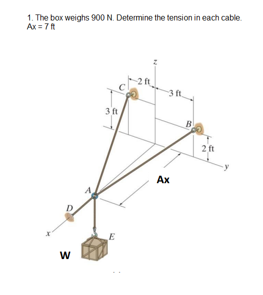 1. The box weighs 900 N. Determine the tension in each cable.
Ax = 7 ft
2 ft
3 ft
3 ft
B
2 ft
Ах
D.
E
