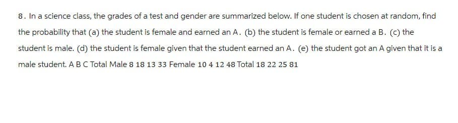 8. In a science class, the grades of a test and gender are summarized below. If one student is chosen at random, find
the probability that (a) the student is female and earned an A. (b) the student is female or earned a B. (c) the
student is male. (d) the student is female given that the student earned an A. (e) the student got an A given that it is a
male student. A B C Total Male 8 18 13 33 Female 10 4 12 48 Total 18 22 25 81