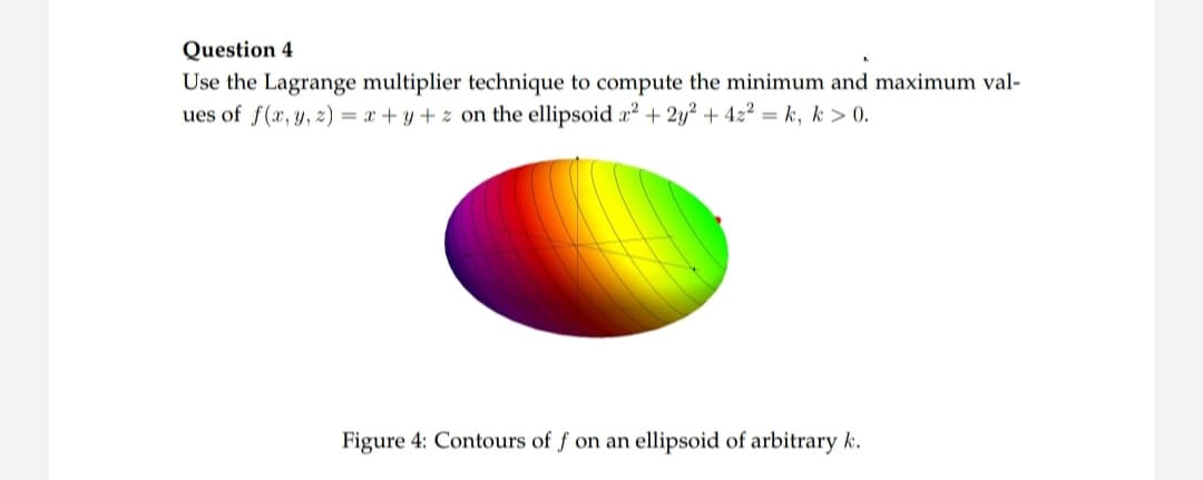 Question 4
Use the Lagrange multiplier technique to compute the minimum and maximum val-
ues of f(x, y, z)= x+y+z on the ellipsoid x² + 2y2 +42²=k, k> 0.
Figure 4: Contours of f on an ellipsoid of arbitrary k.