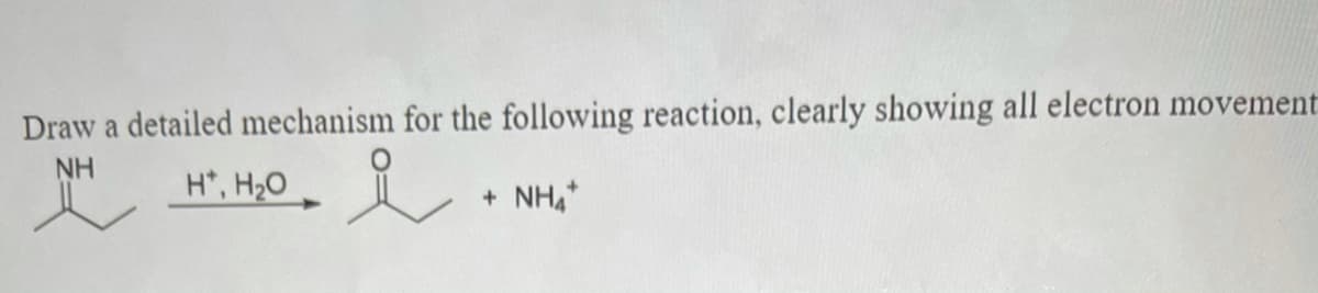 Draw a detailed mechanism for the following reaction, clearly showing all electron movement
NH
H*, H2O
NH4
