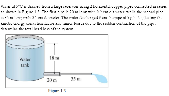 Water at 5°C is drained from a large reservoir using 2 horizontal copper pipes connected in series
as shown in Figure 1.3. The first pipe is 20 m long with 0.2 cm diameter, while the second pipe
is 35 m long with 0.1l cm diameter. The water discharged from the pipe at 5 g/s. Neglecting the
kinetic energy correction factor and minor losses due to the sudden contraction of the pipe,
determine the total head loss of the system.
Water
18 m
tank
20 m
35 m
Figure 1.3
