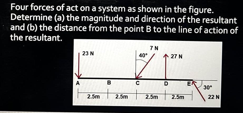 Four forces of act on a system as shown in the figure.
Determine (a) the magnitude and direction of the resultant
and (b) the distance from the point B to the line of action of
the resultant.
A
23 N
2.5m
B
2.5m
40°
C
7N
27 N
D
2.5m + 2.5m
EA
30°
22 N