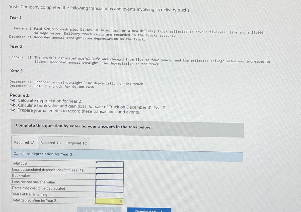 Yoshi Company completed the following transactions and events involving its delivery trucks.
Year 1
January 1 Paid $20,515 cash plus $1,485 in sales tax for a new delivery truck estimated to have a five-year life and a $2,000
salvage value. Delivery truck costs are recorded in the Trucks account.
December 31 Recorded annual straight-line depreciation on the truck.
Year 2
December 31 The truck's estimated useful life was changed from five to four years, and the estimated salvage value was increased to
$2,400. Recorded annual straight-line depreciation on the truck.
Year 3
December 31 Recorded annual straight-line depreciation on the truck.
December 31 Sold the truck for $5,300 cash.
Required:
1-a. Calculate depreciation for Year 2.
1-b. Calculate book value and gain (loss) for sale of Truck on December 31, Year 3.
1-c. Prepare journal entries to record these transactions and events.
Complete this question by entering your answers in the tabs below.
Required 1A Required 1B
Required 1C
Calculate depreciation for Year 2.
Total cost
Less accumulated depreciation (from Year 1)
Book value
Less revised salvage value
Remaining cost to be depreciated
Years of life remaining
Total depreciation for Year 2
10
Ronuirad 40