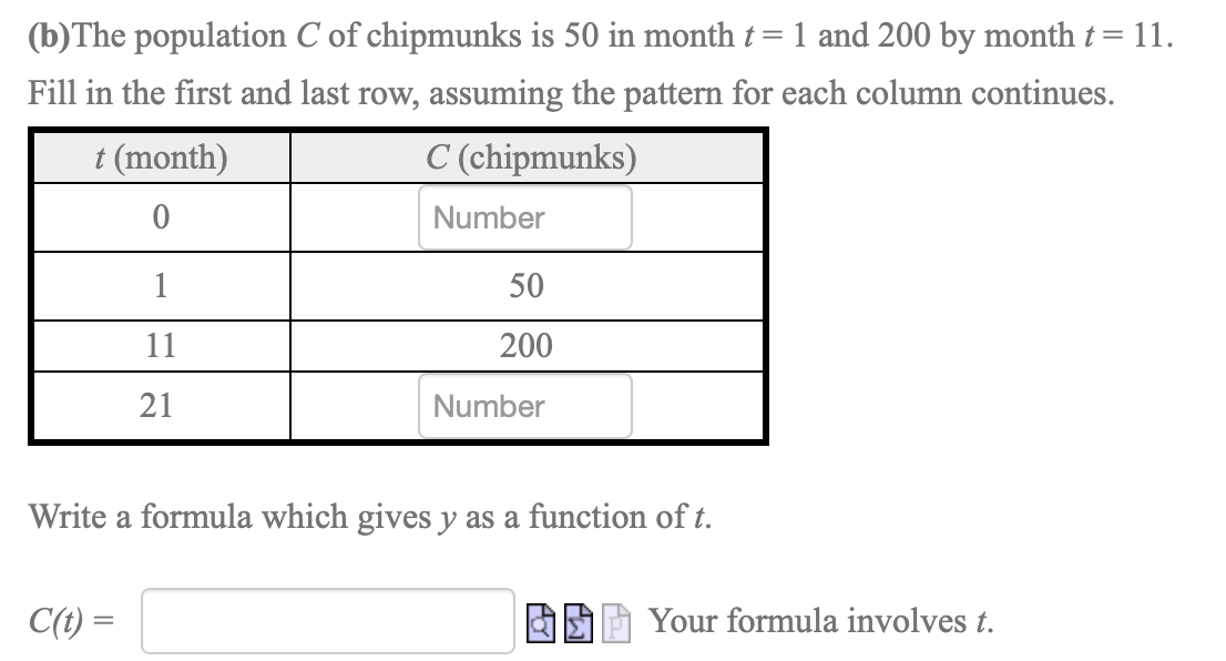 (b)The population C of chipmunks is 50 in month t = 1 and 200 by month t = 11.
Fill in the first and last row, assuming the pattern for each column continues.
t (month)
C (chipmunks)
Number
50
11
200
21
Number
Write a formula which gives y as a function of t.
C(t) =
Your formula involves t.
