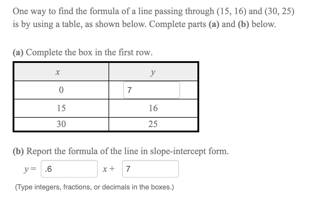 One way to find the formula of a line passing through (15, 16) and (30, 25)
is by using a table, as shown below. Complete parts (a) and (b) below.
(a) Complete the box in the first row.
y
7
15
16
30
25
(b) Report the formula of the line in slope-intercept form.
y =
.6
x+
7
(Type integers, fractions, or decimals in the boxes.)

