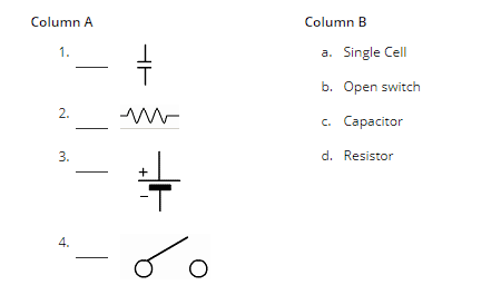 Column A
1.
2.
3.
4.
=
ww
+
O
Column B
a. Single Cell
b. Open switch
c. Capacitor
d. Resistor