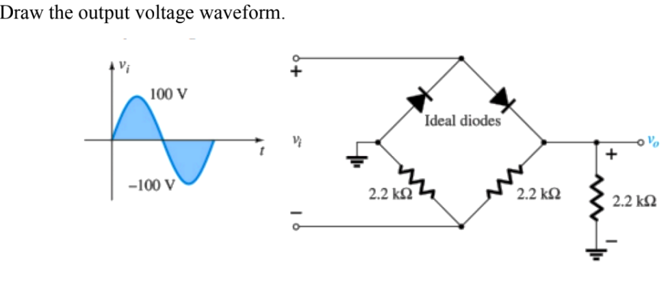 Draw the output voltage waveform.
V;
100 V
–100 V
2.2 ΚΩ
Ideal diodes
2.2 ΚΩ
να
2.2 ΚΩ
+