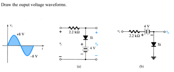 Draw the ouput voltage waveforms.
2.2 kΩ
+8 V
2.2 k2
-8 V
(a)
(b)
