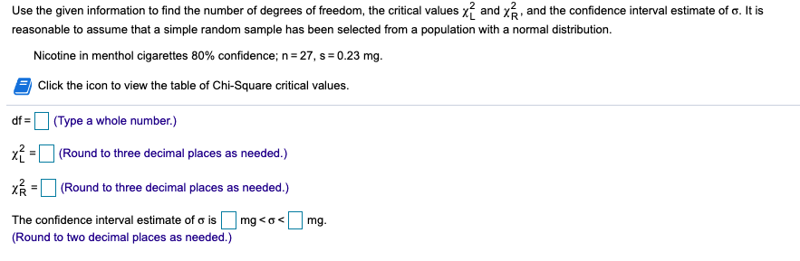 Use the given information to find the number of degrees of freedom, the critical values x? and x, and the confidence interval estimate of o. It is
reasonable to assume that a simple random sample has been selected from a population with a normal distribution.
Nicotine in menthol cigarettes 80% confidence; n= 27, s = 0.23 mg.
Click the icon to view the table of Chi-Square critical values.
df =
I(Type a whole number.)
(Round to three decimal places as needed.)
(Round to three decimal places as needed.)
mg.
The confidence interval estimate of o is mg <o<
(Round to two decimal places as needed.)
