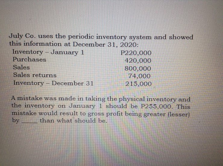 July Co. uses the periodic inventory system and showed
this information at December 31, 2020:
Inventory – January 1
P220,000
Purchases
420,000
Sales
800,000
74,000
215,000
Sales returns
Inventory – December 31
A mistake was made in taking the physical inventory and
the inventory on January 1 should be P255,000. This
mistake would result to gross profit being greater (lesser)
by
than what should be.
