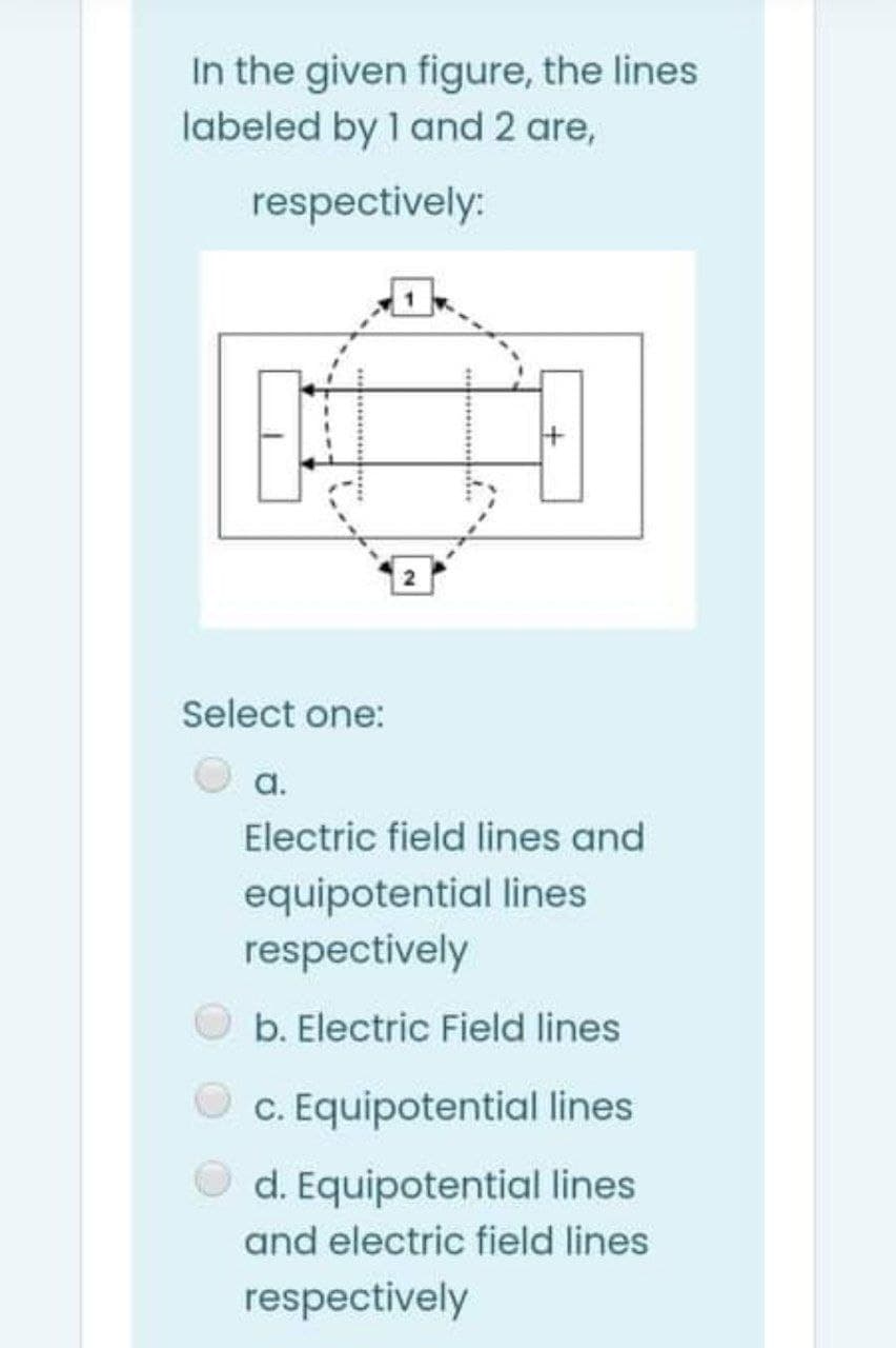 In the given figure, the lines
labeled by 1 and 2 are,
respectively:
Select one:
a.
Electric field lines and
equipotential lines
respectively
b. Electric Field lines
c. Equipotential lines
O d. Equipotential lines
and electric field lines
respectively
