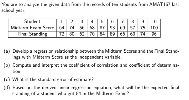 You are to analyze the given data from the records of ten students from AMAT167 last
school year.
1 | 2 | 3 | 4 | 5 | 6 | 7 | 8 | 9 | 10
Student
Midterm Exam Score 64 74 56 68 87 93 69 57 75 100
Final Standing
72 80 62 70 84 89 66 | 60 74 96
(a) Develop a regression relationship between the Midterm Scores and the Final Stand-
ings with Midterm Score as the independent variable.
(b) Compute and interpret the coefficient of correlation and coefficient of determina-
tion.
(c) What is the standard error of estimate?
(d) Based on the derived linear regression equation, what will be the expected final
standing of a student who got 84 in the Midterm Exam?
