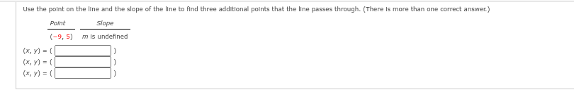 Use the point on the line and the slope of the line to find three additional points that the line passes through. (There is more than one correct answer.)
Point
Slope
m is undefined
(-9,5)
(x, y) = ([
(x, y) = (
(x, y) = (
)