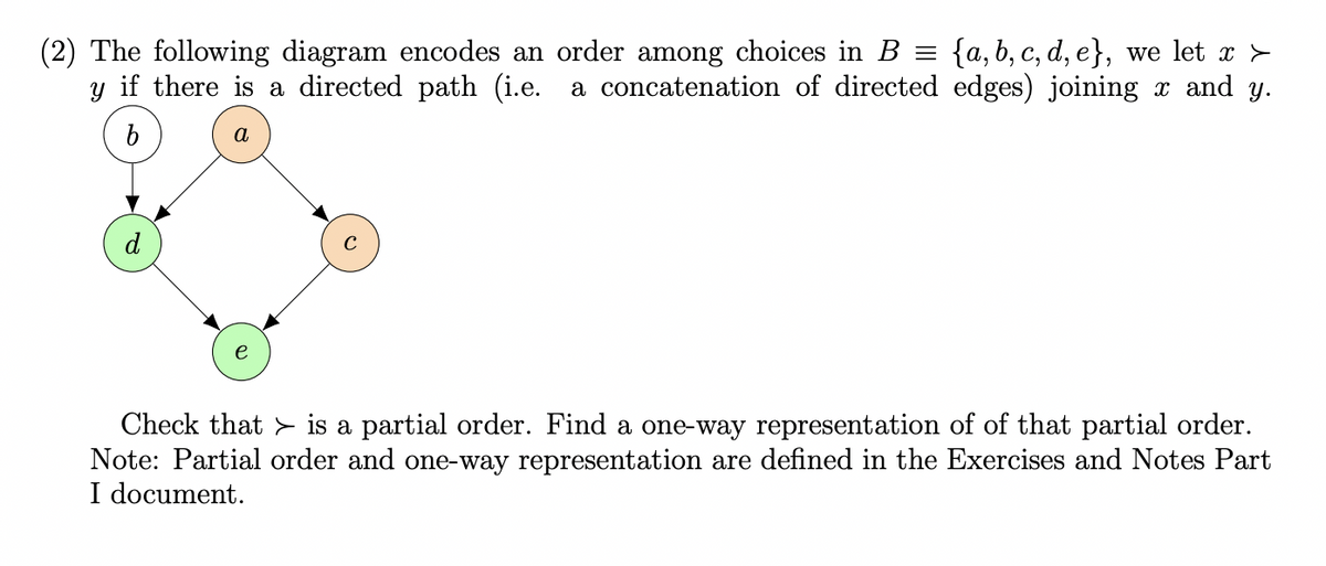 (2) The following diagram encodes an order among choices in B = {a,b, c, d, e}, we let x >
y if there is a directed path (i.e. a concatenation of directed edges) joining x and y.
b
a
d
e
Check that is a partial order. Find a one-way representation of of that partial order.
Note: Partial order and one-way representation are defined in the Exercises and Notes Part
I document.