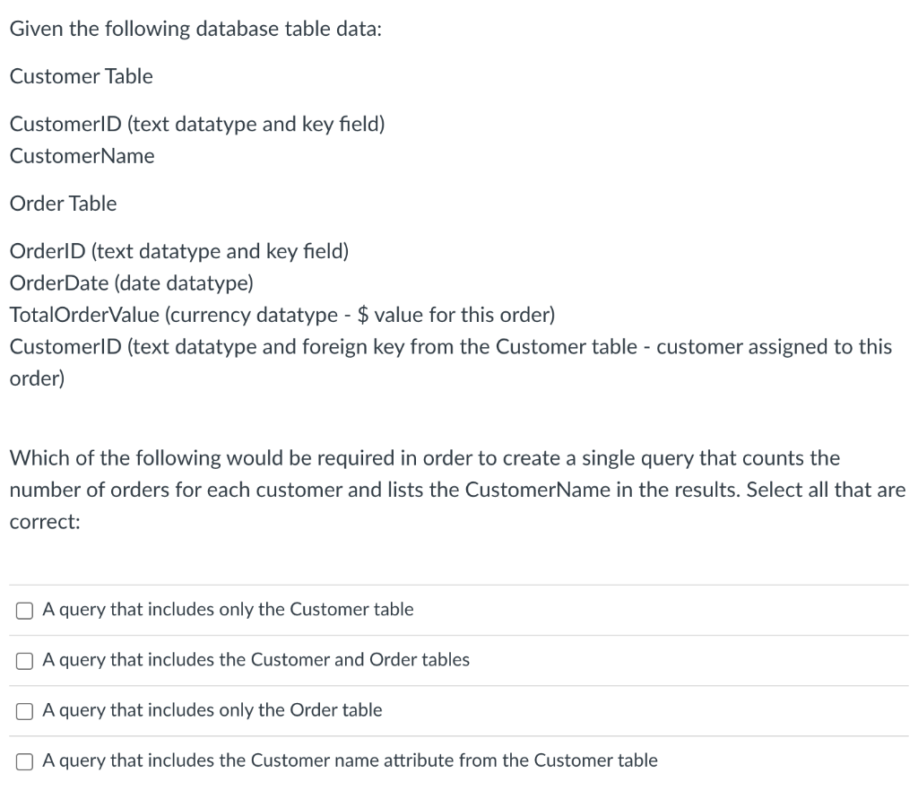 Given the following database table data:
Customer Table
CustomerID (text datatype and key field)
CustomerName
Order Table
OrderlD (text datatype and key field)
OrderDate (date datatype)
TotalOrderValue (currency datatype - $ value for this order)
CustomerlD (text datatype and foreign key from the Customer table - customer assigned to this
order)
Which of the following would be required in order to create a single query that counts the
number of orders for each customer and lists the CustomerName in the results. Select all that are
correct:
O A query that includes only the Customer table
O A query that includes the Customer and Order tables
O A query that includes only the Order table
O A query that includes the Customer name attribute from the Customer table
