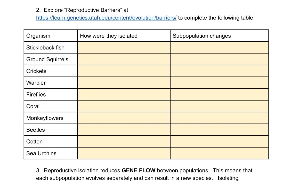 2. Explore "Reproductive Barriers" at
https://learn.genetics.utah.edu/content/evolution/barriers/ to complete the following table:
Organism
How were they isolated
Subpopulation changes
Stickleback fish
Ground Squirrels
Crickets
Warbler
Fireflies
Coral
Monkeyflowers
Beetles
Cotton
Sea Urchins
3. Reproductive isolation reduces GENE FLOW between populations This means that
each subpopulation evolves separately and can result in a new species. Isolating
