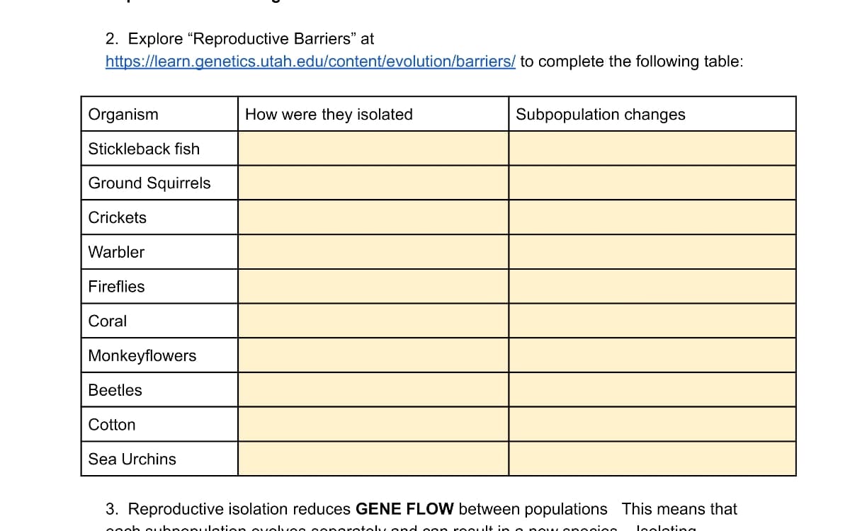 2. Explore "Reproductive Barriers" at
https://learn.genetics.utah.edu/content/evolution/barriers/ to complete the following table:
Organism
How were they isolated
Subpopulation changes
Stickleback fish
Ground Squirrels
Crickets
Warbler
Fireflies
Coral
Monkeyflowers
Beetles
Cotton
Sea Urchins
3. Reproductive isolation reduces GENE FLOW between populations This means that
oooh Oubnenuletion ovelvee conoretely ond oon roouIt in
onooion
looloting
